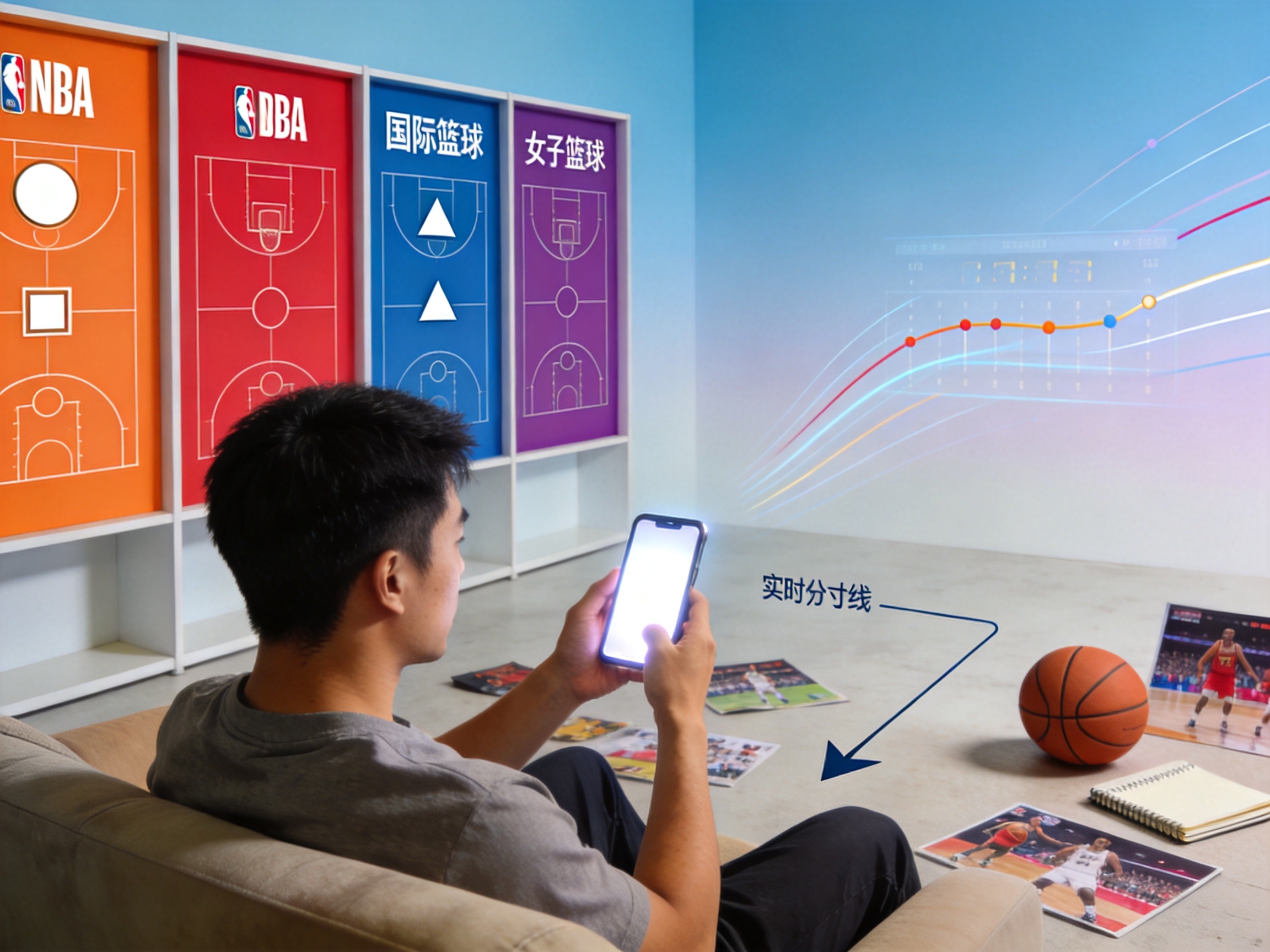 查询指南模块示意图：球迷在手机端浏览篮球比分与赛程信息